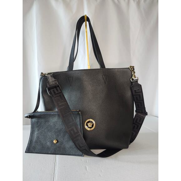 SOLD Versace Greca Black La Medusa Leather Tote Bag with Matching Pouch - Picture 1 of 15